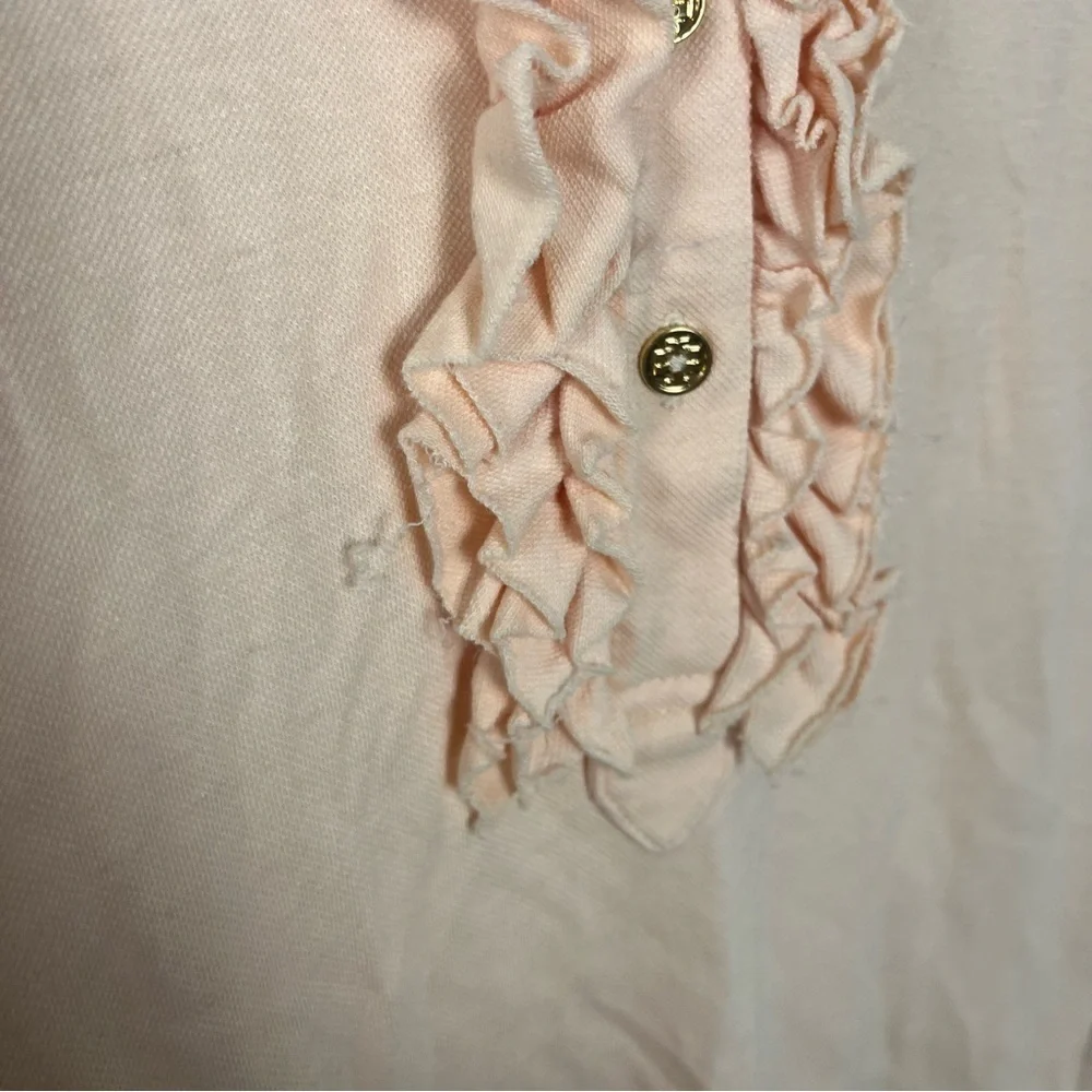 Tory Burch Lidia Long Sleeve Ruffle Polo Shirt Top Pale Pink Gold buttons size S